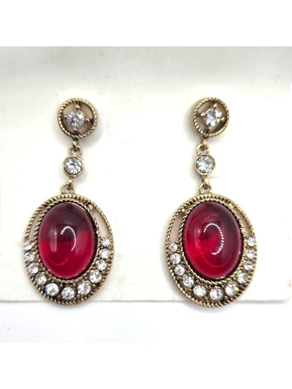 Gold-Tone Dangle Earrings With Red Glass Ovals & Clear Rhinestone Accents